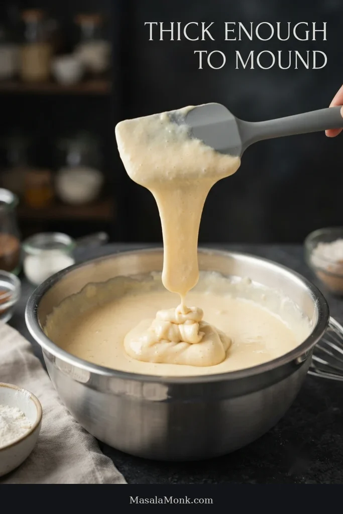 Thick pale pound cake batter falling slowly from a spatula and forming a soft mound in a mixing bowl.