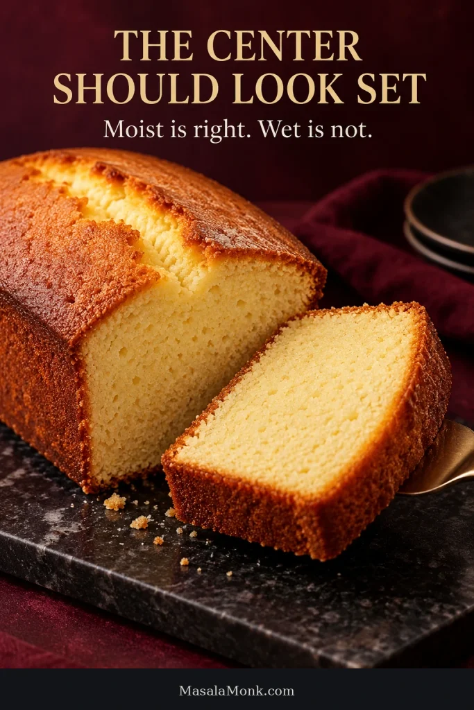 Cut pound cake loaf and thick slice showing an evenly baked, pale-yellow crumb with no wet or compressed center.