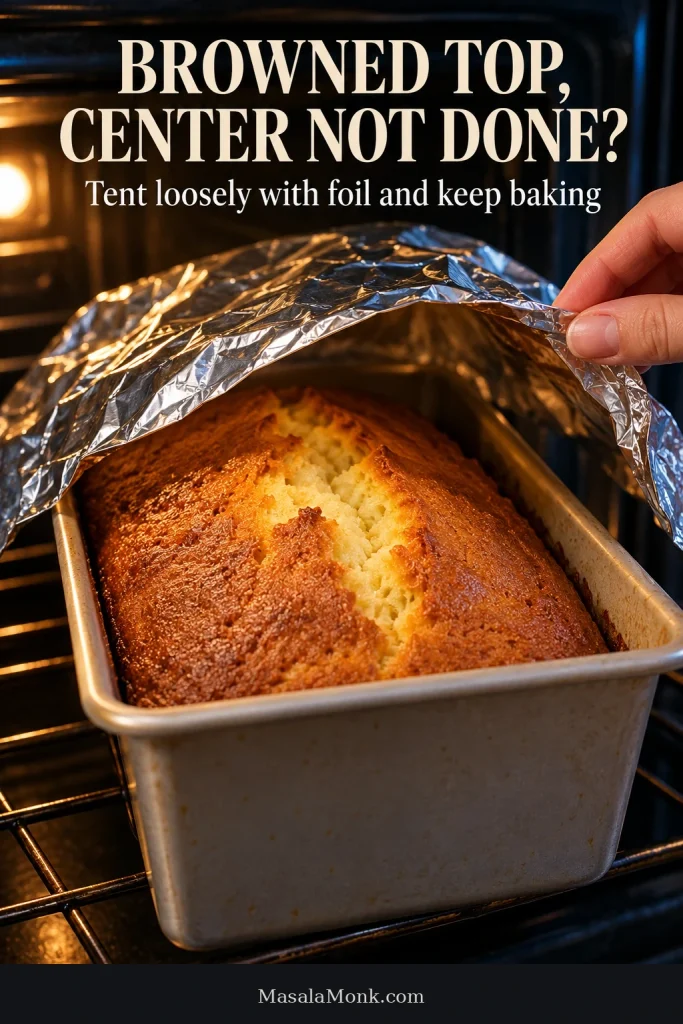 Hand positioning a loose sheet of aluminum foil above a deeply browned pound cake in its loaf pan inside the oven.