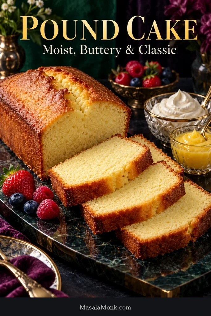 Sliced golden pound cake on a dark marble board with strawberries, blueberries and raspberries beside bowls of whipped cream and yellow lemon curd.