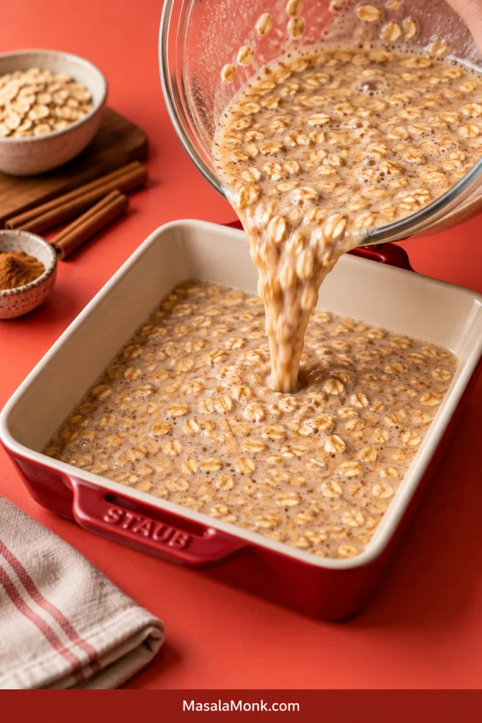 Loose raw rolled-oat mixture being poured from a clear glass bowl into a square baking dish before baking.