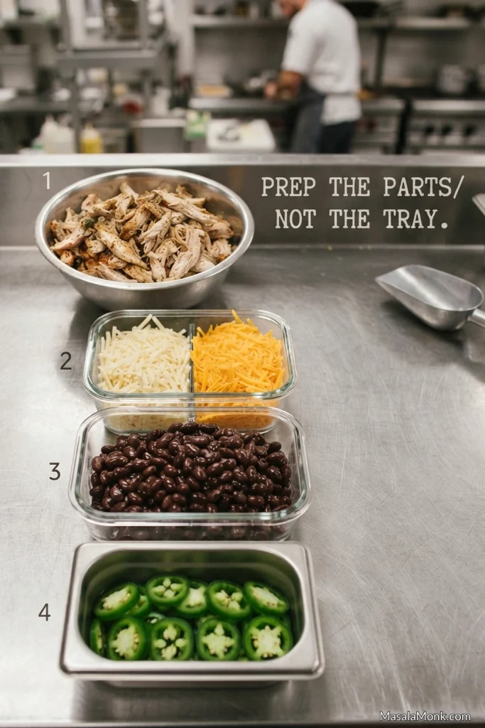 Four separate containers holding shredded cooked chicken, grated Monterey Jack and cheddar, drained black beans and sliced jalapeños.