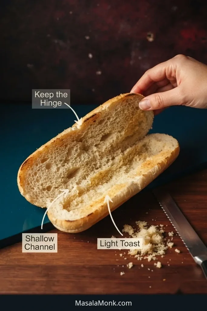 Opened hoagie roll with the side hinge attached, a shallow crumb channel, and a lightly toasted cut surface with instructional labels.