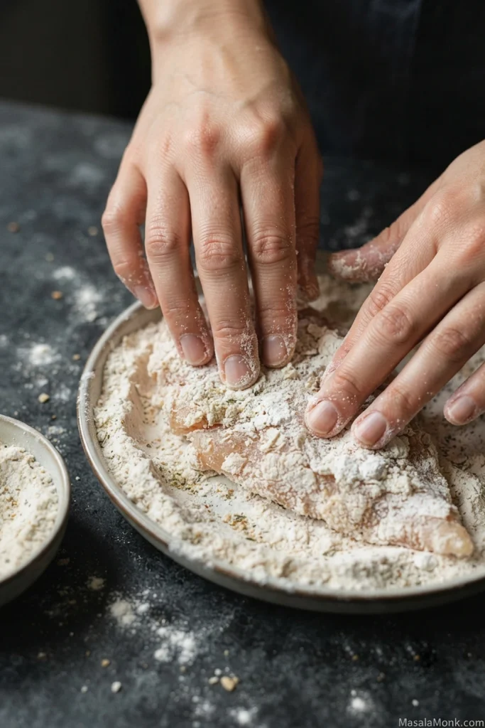 Hands pressing seasoned flour and small flour crumbs firmly onto a raw chicken breast cutlet during the final dredge.