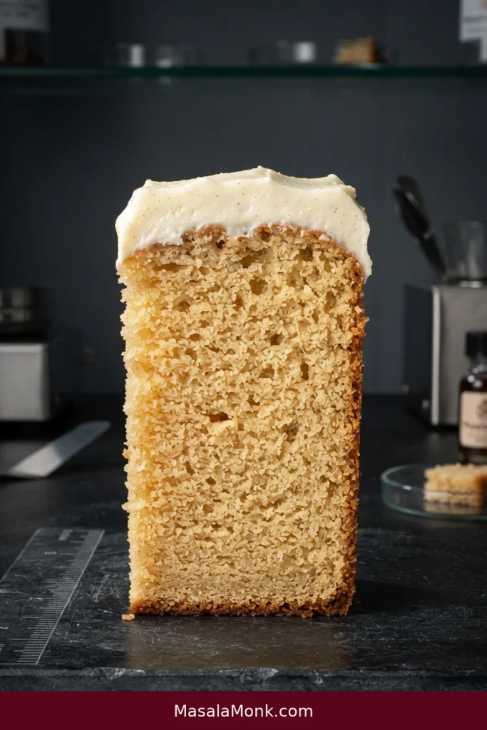 Cross-section of banana sheet cake with cream cheese frosting, showing a fine, naturally irregular golden crumb from the top through the base.