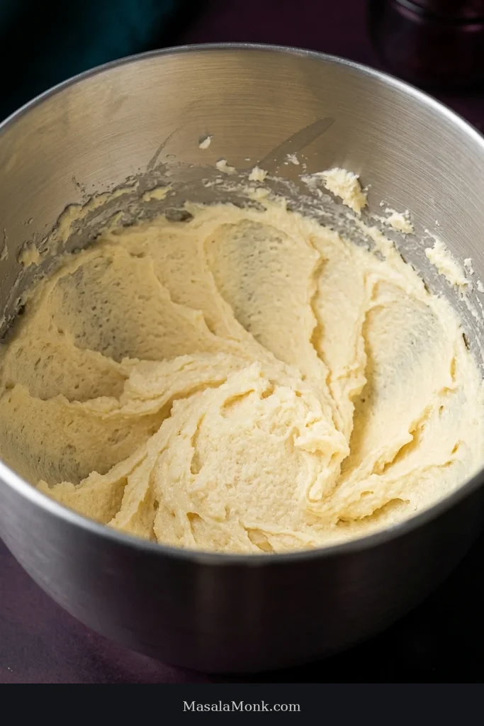 Pale, fluffy creamed butter and sugar with soft ridges in a stainless-steel mixer bowl.