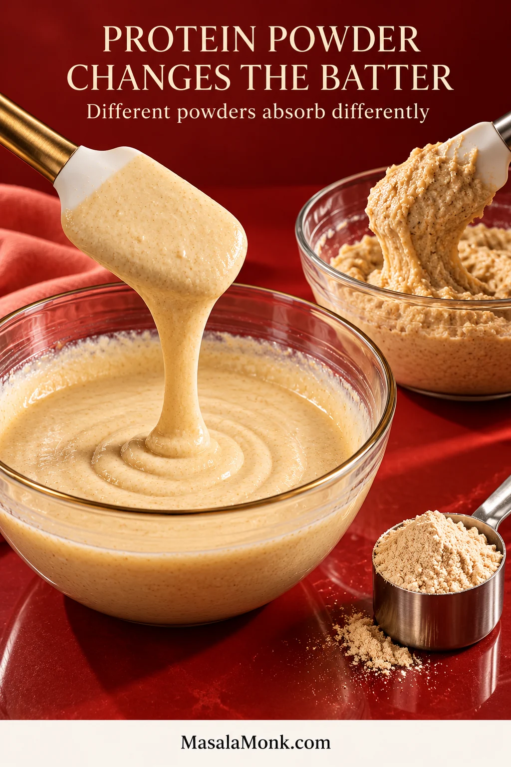 Two baked-oats batters showing a smooth ribboning base batter and a visibly thicker protein-powder batter, with a scoop of protein powder nearby.