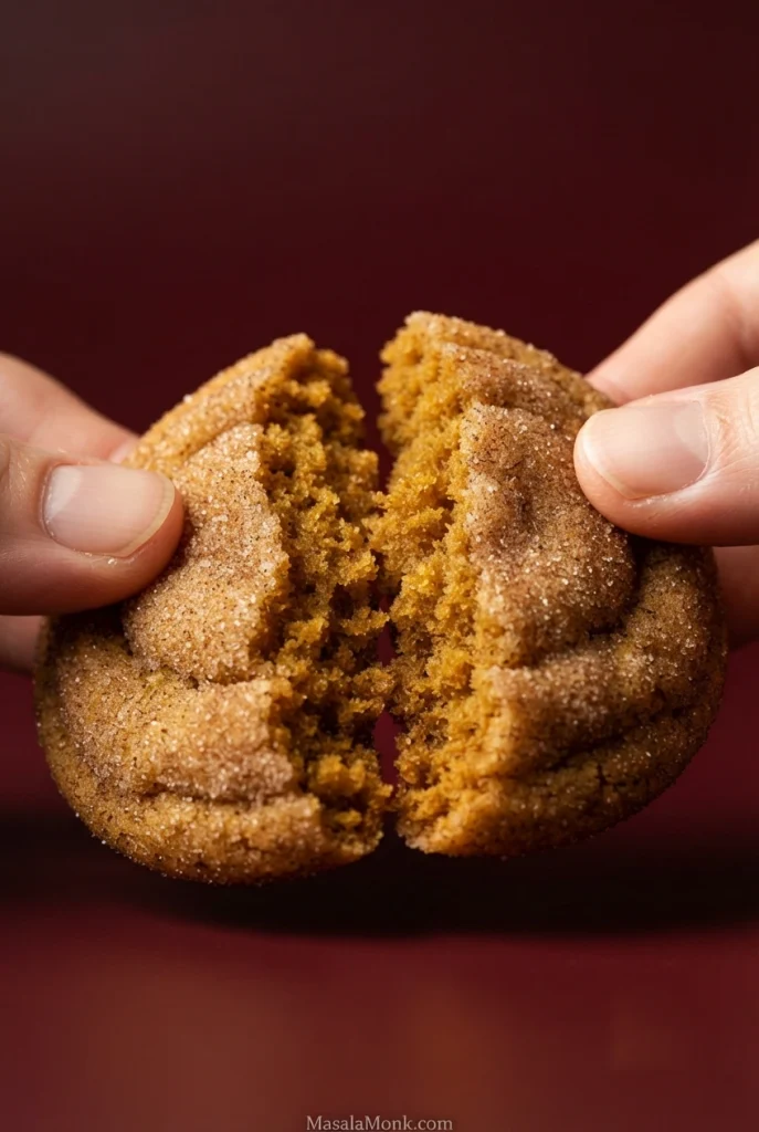 Two hands breaking apart a cinnamon-sugar pumpkin snickerdoodle to reveal a soft, fine orange-brown crumb against a dark red background.