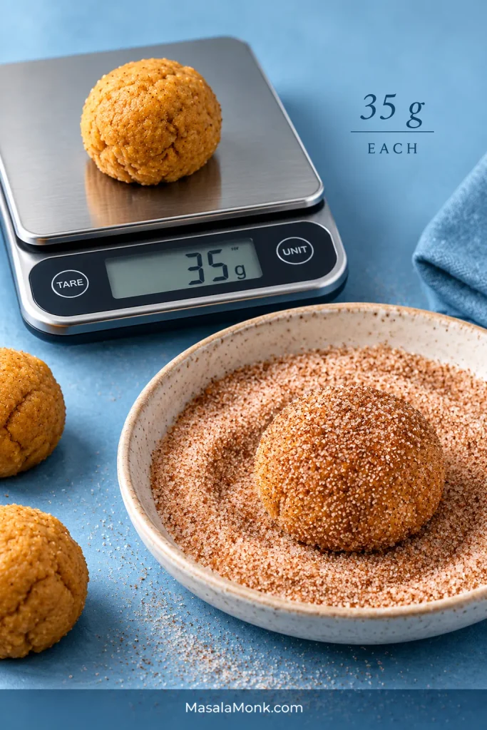 Cinnamon-coated cookie dough ball on a digital kitchen scale reading 35 grams, beside a bowl of cinnamon sugar and additional dough balls.