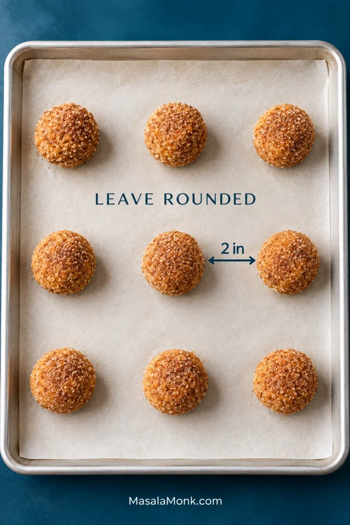 Overhead view of nine rounded cinnamon-coated cookie dough balls on a parchment-lined baking sheet, with an arrow showing about 2 inches of spacing.