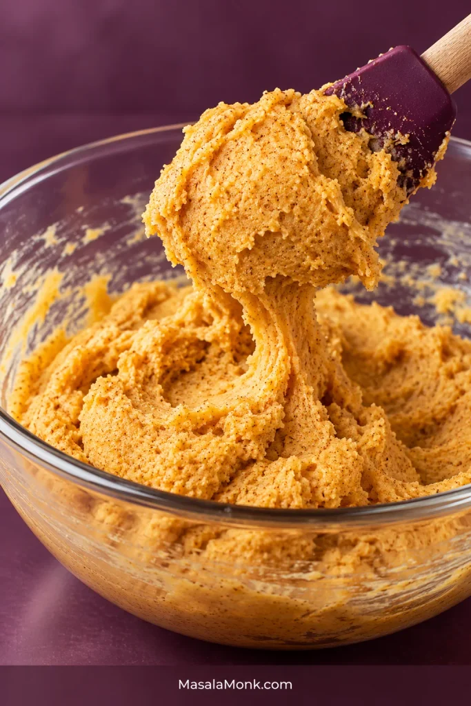 Close-up of thick orange pumpkin cookie dough stretching from a purple silicone spatula above a clear glass mixing bowl.