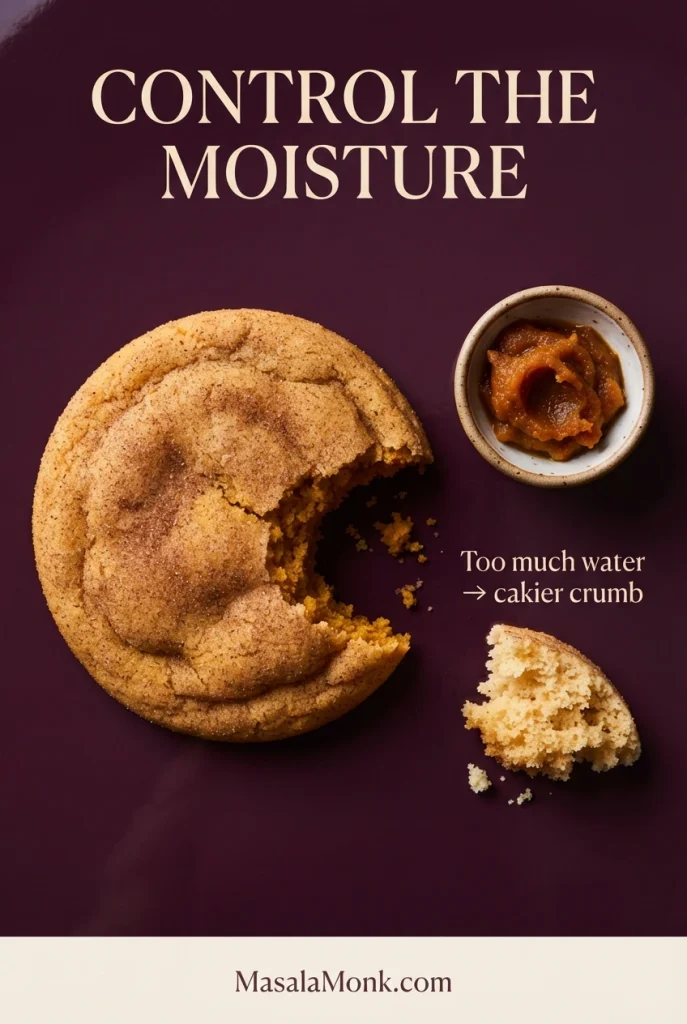 Food graphic with a bitten cinnamon-sugar cookie, a small dish of pumpkin purée and a piece of cookie crumb; text explains that too much water can create a cakier crumb.