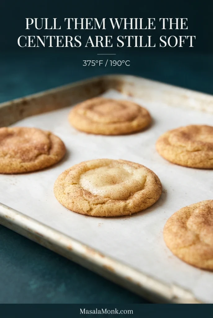 Baking sheet holding pale golden snickerdoodle cookies with text advising to remove them while the centers are still soft at 375°F or 190°C.