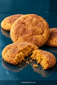 Stack of cinnamon-sugar pumpkin snickerdoodle cookies on a dark teal surface, with one cookie broken open to show its orange-brown center.