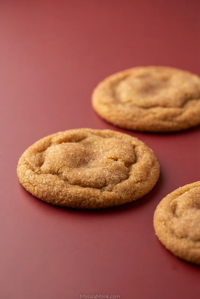 Close-up of three cinnamon-sugar cookies on a burgundy surface, with the front cookie sharply focused and two cookies softly blurred behind it.