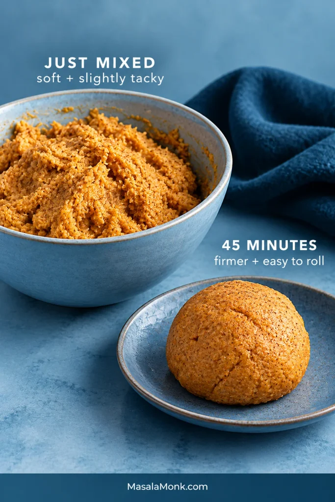 Two-stage image of pumpkin cookie dough, with soft dough in a bowl labeled “Just mixed” above and a firm dough ball labeled “45 minutes” below.