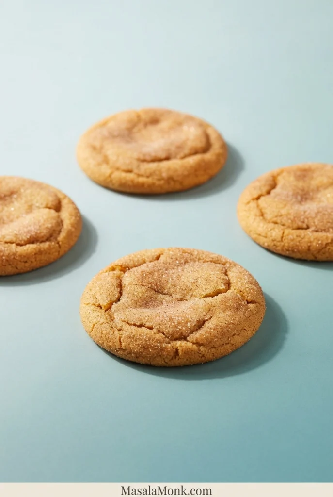 Several round cinnamon-sugar pumpkin cookies with gently wrinkled tops arranged on a pale blue-green surface.