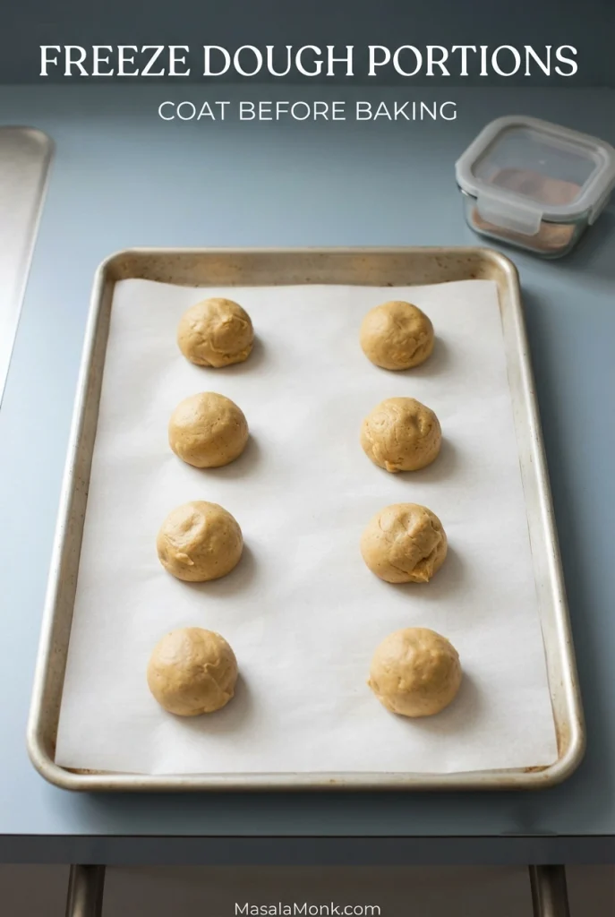 Eight uncoated cookie dough portions arranged on a parchment-lined baking sheet with a small storage container nearby; text says to freeze dough portions and coat before baking.