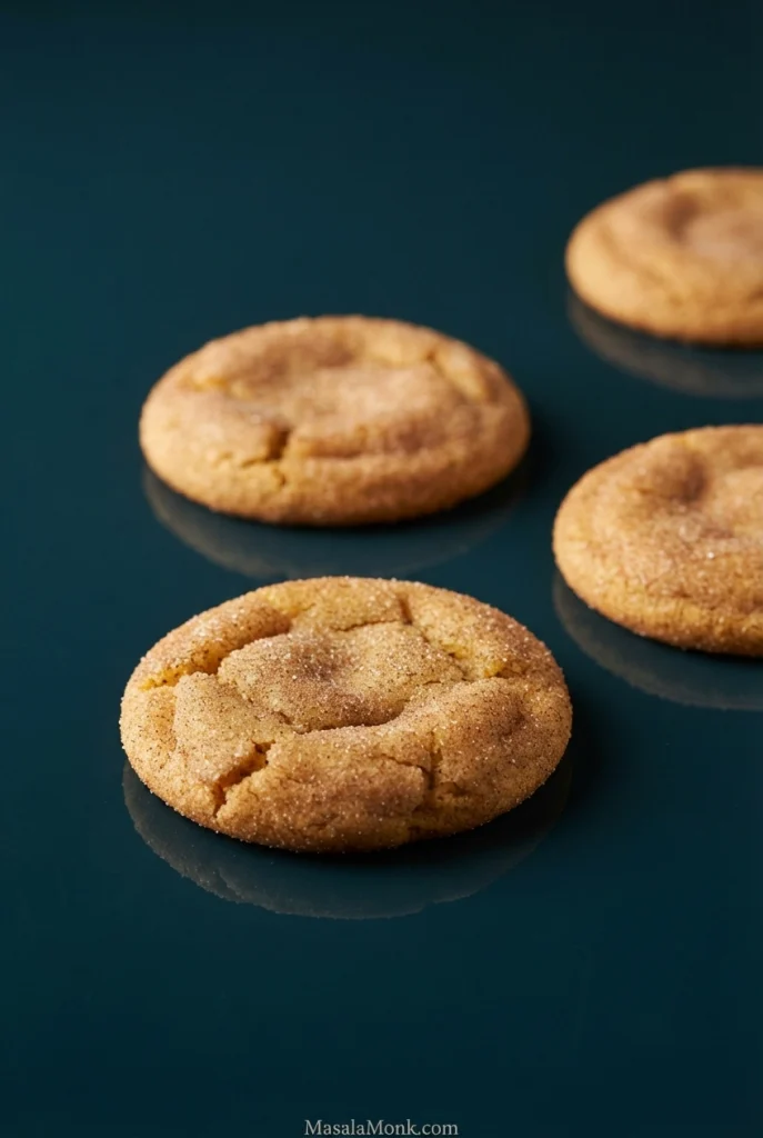 Three cinnamon-sugar cookies arranged on a glossy dark teal surface under moody lighting, with one cookie in sharp focus in the foreground.