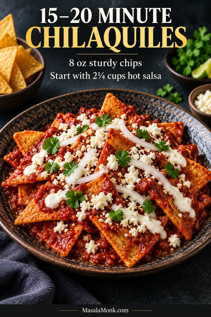 Quick red chilaquiles made with thick corn tortilla chips, crema, cheese and onion. Graphic text gives the 15–20 minute shortcut quantities.