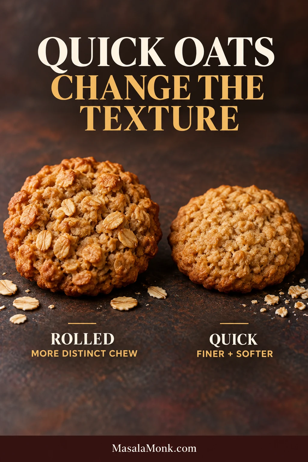 Two oatmeal cookies compared side by side, with larger visible rolled-oat flakes in one and a finer quick-oat texture in the other.
