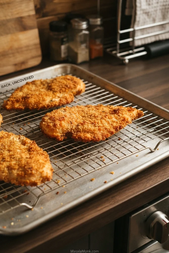 Several freshly fried chicken cutlets resting uncovered on a wire rack over a sheet pan.