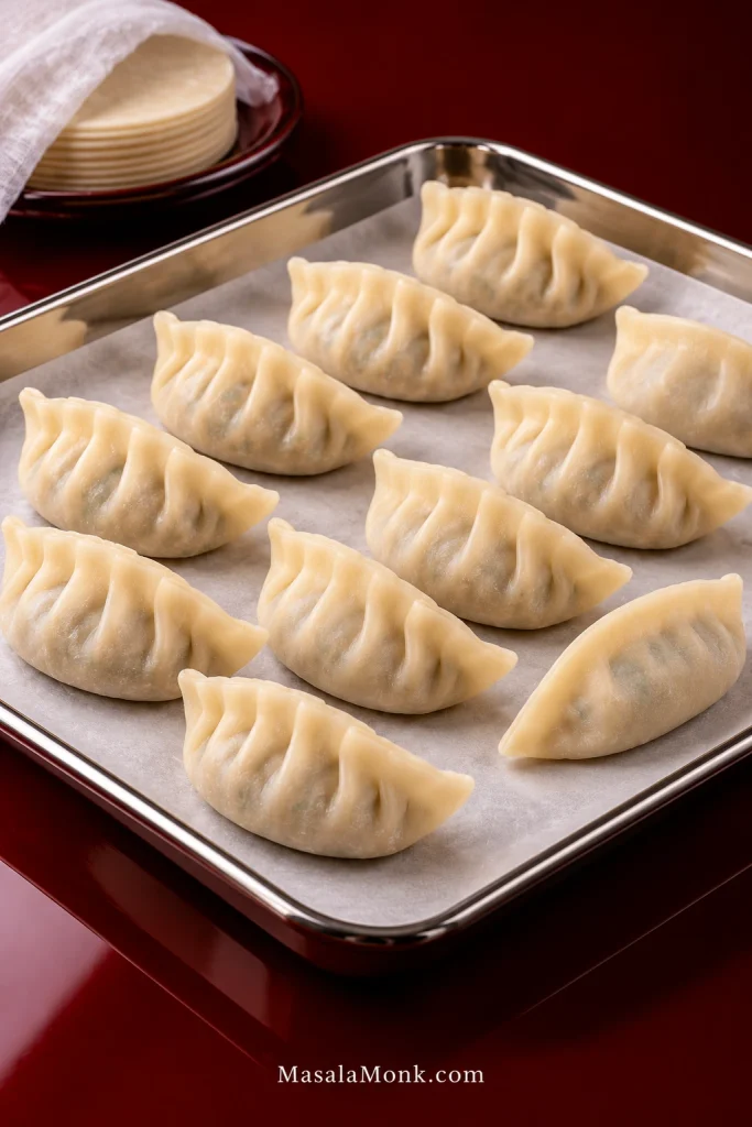 Raw handmade gyoza with varied pleats and crescent shapes spaced apart on a parchment-lined tray before cooking.