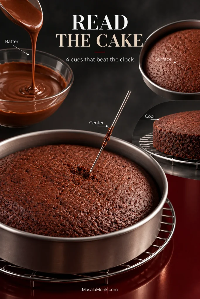 Editorial baking guide showing thin chocolate cake batter, a baked chocolate cake surface, moist crumbs on a tester and a cooled bare cake layer.