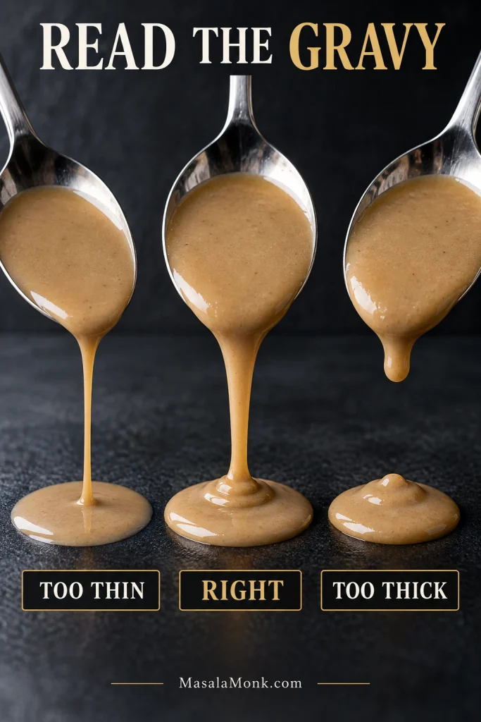 Three spoons compare Swedish meatball gravy consistencies: too thin runs in a narrow stream, right falls in a slow ribbon, and too thick barely drips.