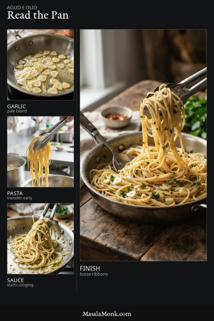 Editorial cooking guide showing four stages of spaghetti aglio e olio: pale-blond garlic, spaghetti being transferred early, sauce beginning to cling to the noodles, and finished spaghetti falling in loose ribbons.