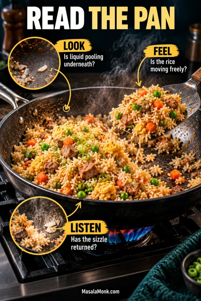 Fried rice troubleshooting board showing four conditions labeled steaming, clumping, sticking and sauce pooling.