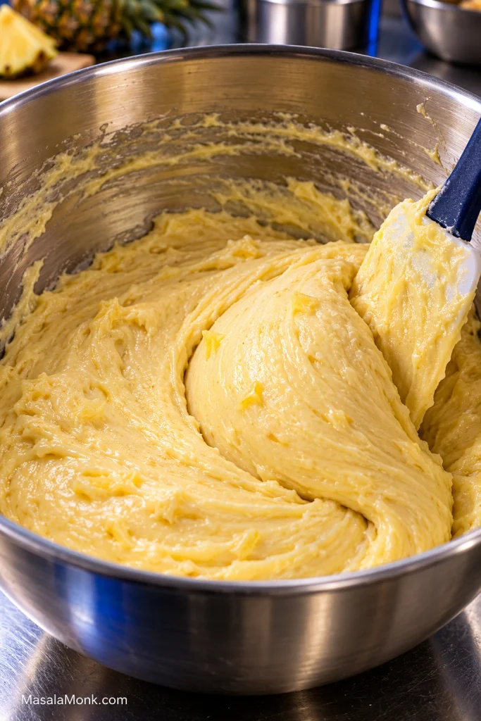 Thick golden pineapple cake batter being folded with a silicone spatula inside a stainless-steel mixing bowl.