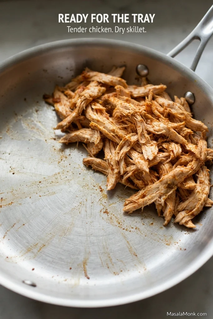 Coarsely shredded seasoned chicken gathered on one side of a stainless-steel skillet with the exposed pan surface nearly dry.