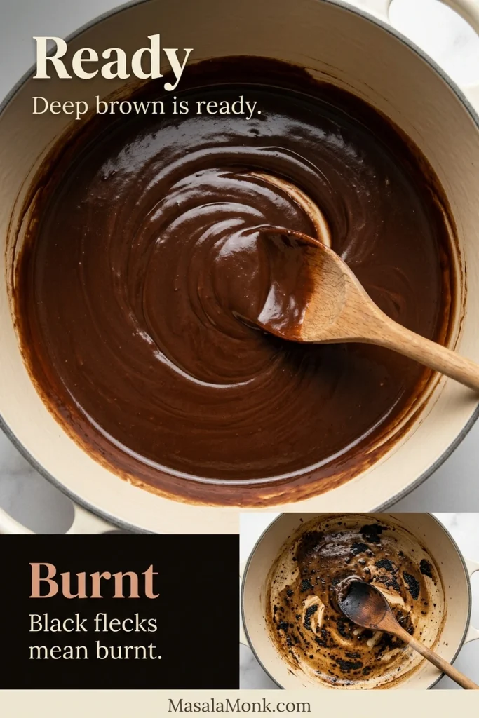 Smooth glossy deep brown roux beside a smaller example of burnt roux with black scorched flecks and patches.