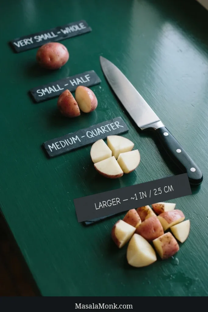 Raw red potatoes shown whole, halved, quartered and cut into larger pieces, with labels showing the recommended cuts.