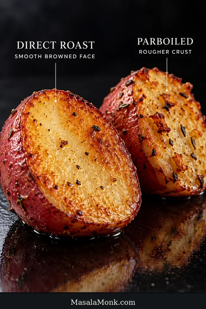 Two red potato pieces compare a smooth golden direct-roasted face with a rougher parboiled crust.