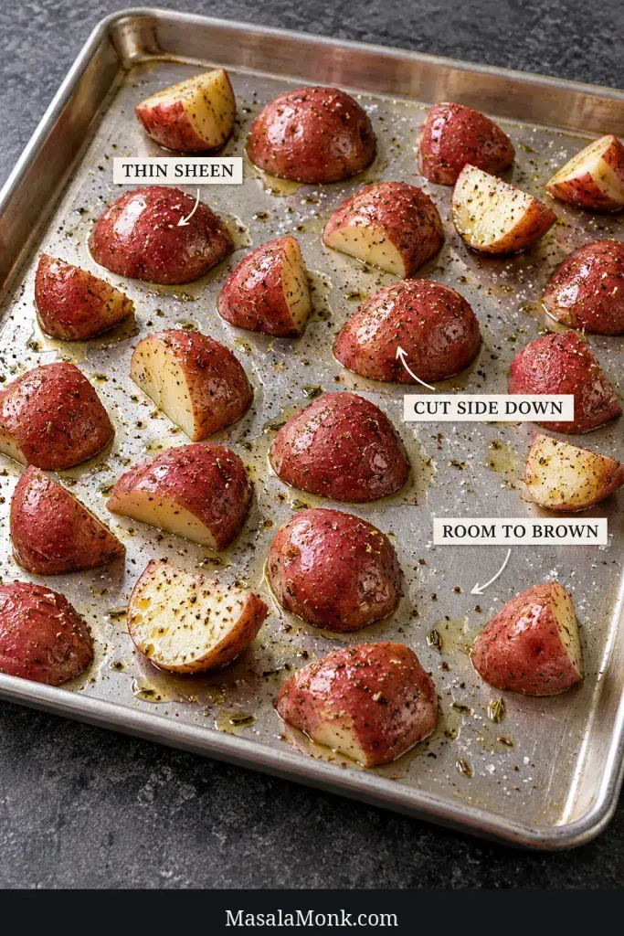 Seasoned red potato pieces spaced on a metal baking sheet, with most rounded red skins facing up and labels reading Thin Sheen, Cut Side Down and Room to Brown.