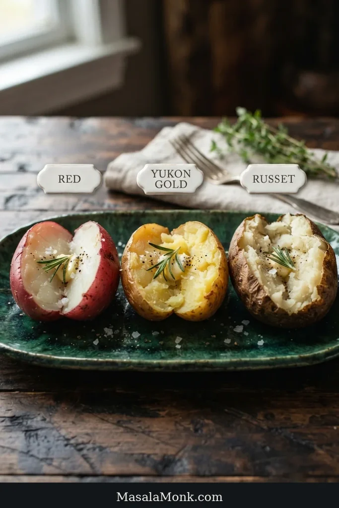 Roasted red, Yukon Gold and russet potatoes are shown side by side with their skins and cut interiors visible.