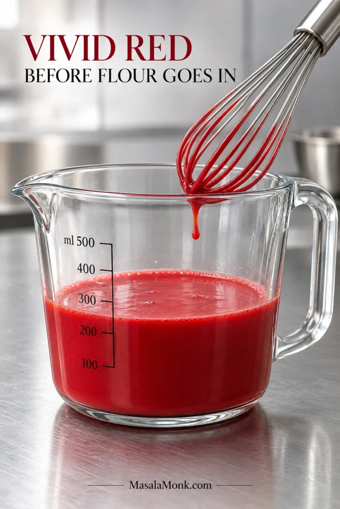Clear measuring jug holding a smooth vivid-red buttermilk mixture with a whisk above it.