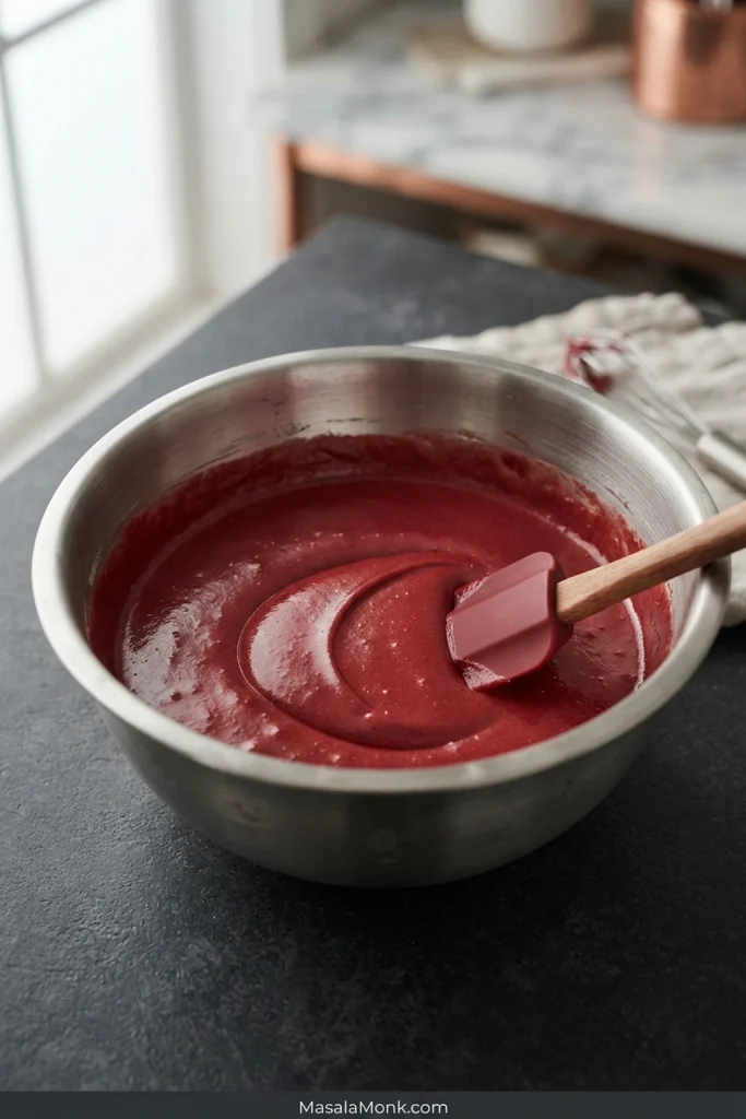 Smooth crimson red velvet cake batter in a stainless-steel bowl with a spatula leaving a soft fold in the surface.