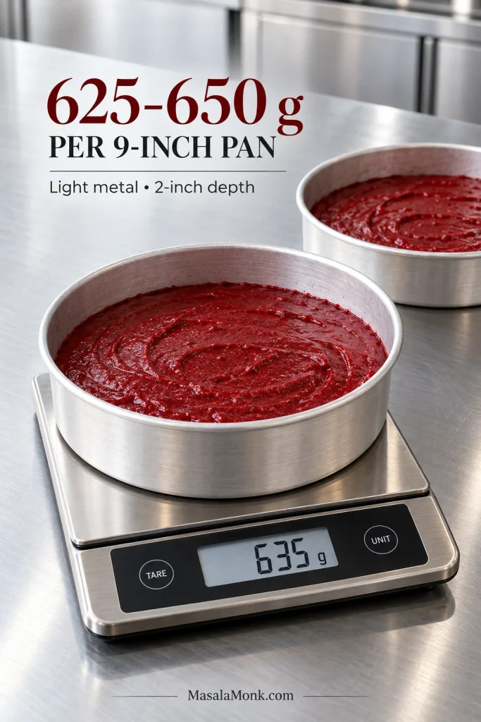 Red velvet cake batter in a light metal round pan on a digital scale reading about 635 grams, with a second filled pan nearby.