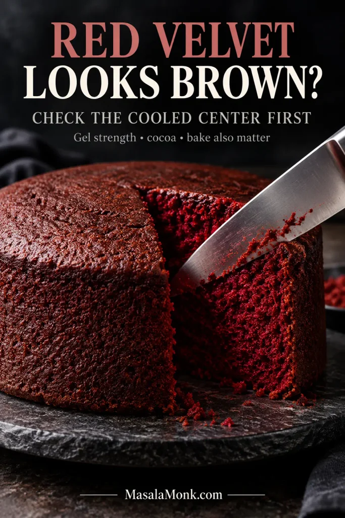 Red velvet cake being cut to reveal a deep crimson interior beneath a darker reddish-brown baked crust.