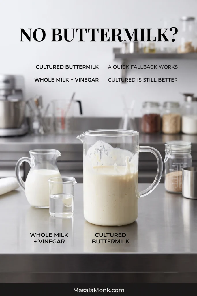 Large jug of cultured buttermilk beside whole milk and a small glass of white vinegar on a stainless-steel counter.