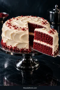 Two-layer red velvet cake with white cream cheese frosting and a cut slice showing deep crimson cake layers.