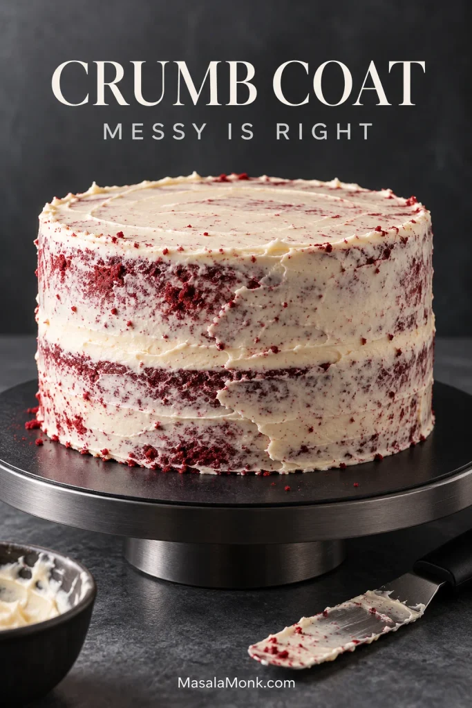 Two-layer red velvet cake covered with a thin, streaky cream cheese crumb coat with red crumbs showing through.