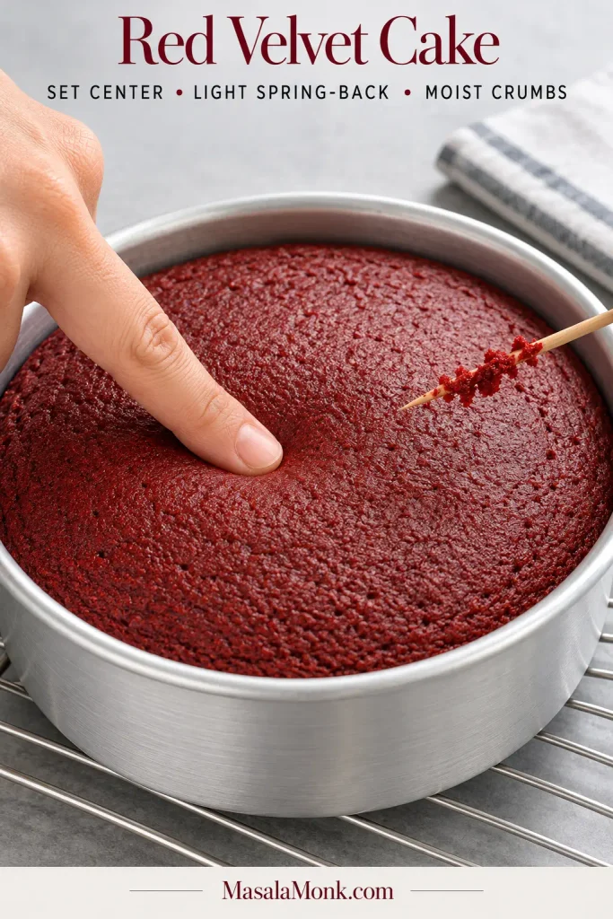 Baked red velvet cake layer in a round pan being pressed in the center, with a tester showing moist cake crumbs.