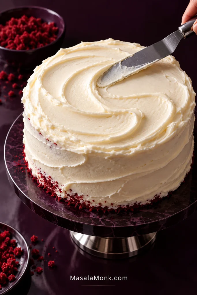 Two-layer red velvet cake being finished with smooth white cream cheese frosting using an offset spatula.