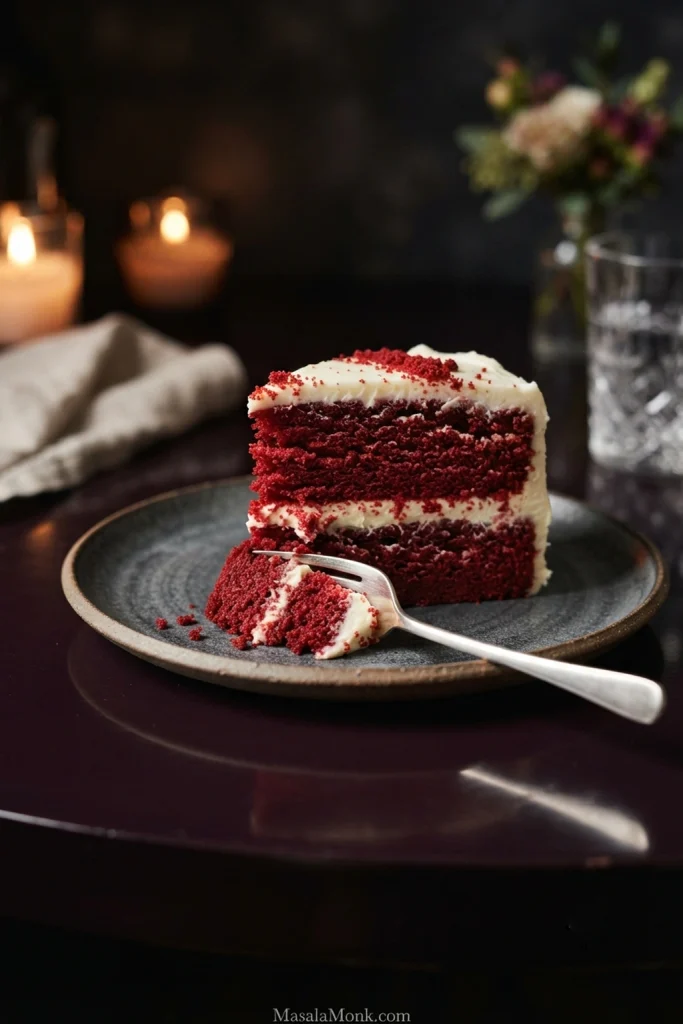 Fork pressing into a two-layer red velvet cake slice with deep crimson crumb and white cream cheese frosting on a dark plate.