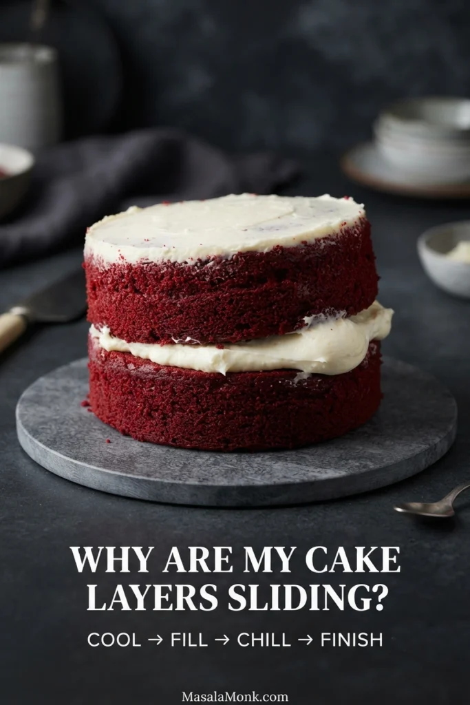 Two-layer red velvet cake with the upper layer shifted slightly sideways and cream cheese filling bulging at one edge.