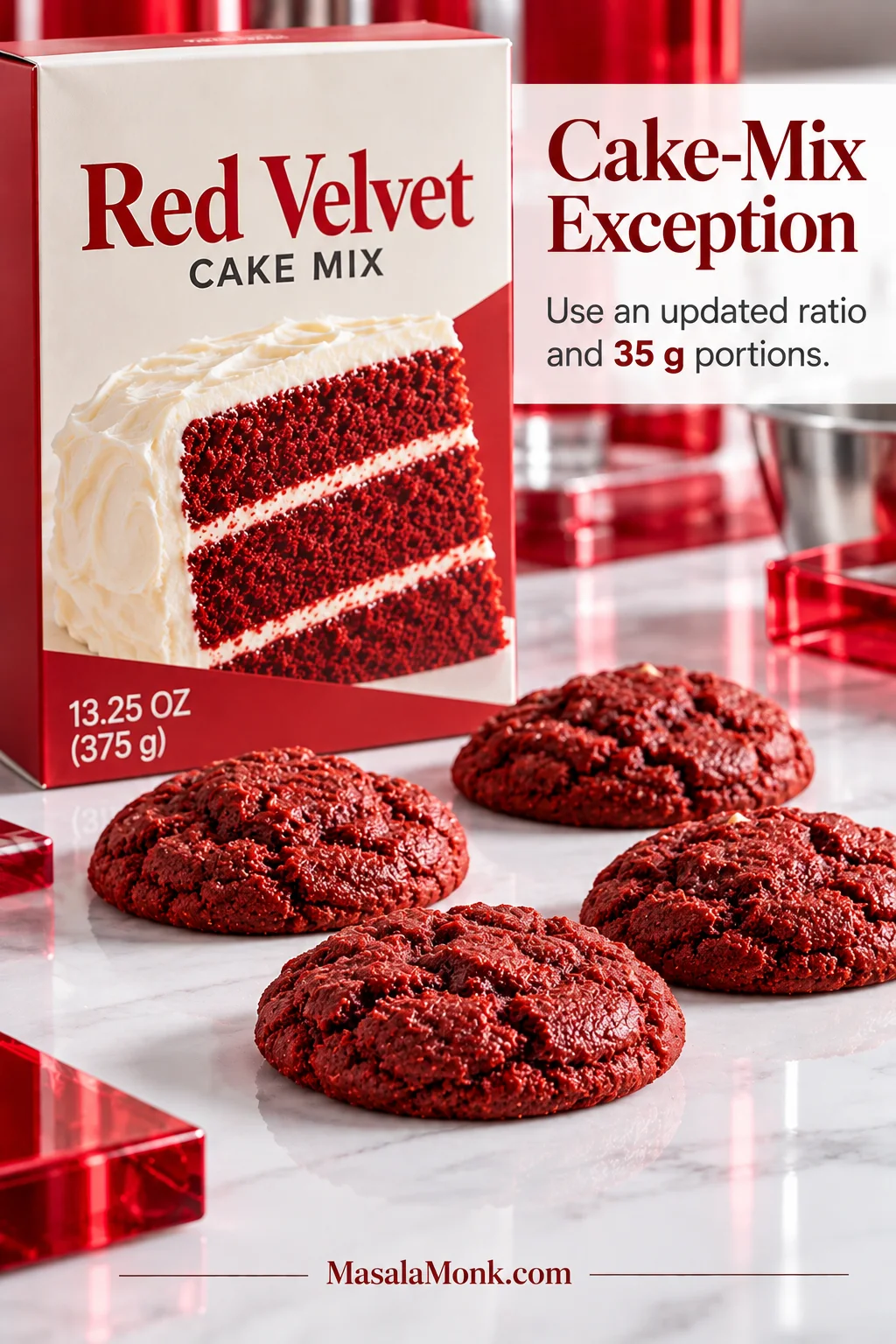 A 13.25-ounce or 375-gram red velvet cake-mix box shown with oil, eggs and portioned red cookie dough for the cake-mix method.